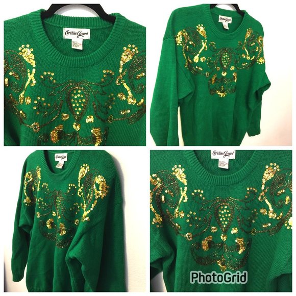 Vintage 80s Green Gold Sweater St Patricks Day Fighting Irish Beaded Sequins (BT - Picture 2 of 16